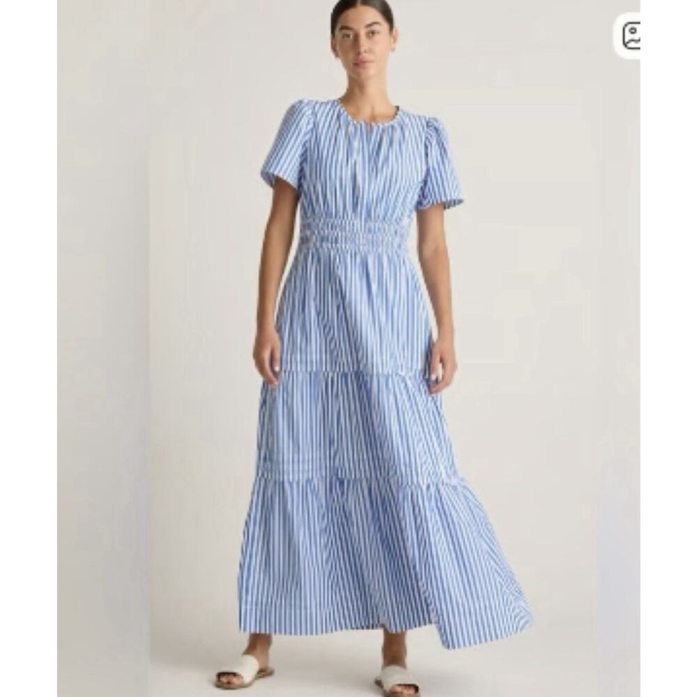 QUINCE Azure Stripe 100% Organic Cotton Poplin Tiered Maxi Dress Sz Large